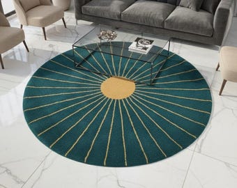 Alfombra redonda con diseño de rayos de sol en color verde azulado y dorado, alfombra art déco de mediados de siglo, alfombra verde esmeralda mostaza, alfombra circular con líneas radiales, alfombra elegante para el suelo del salón.