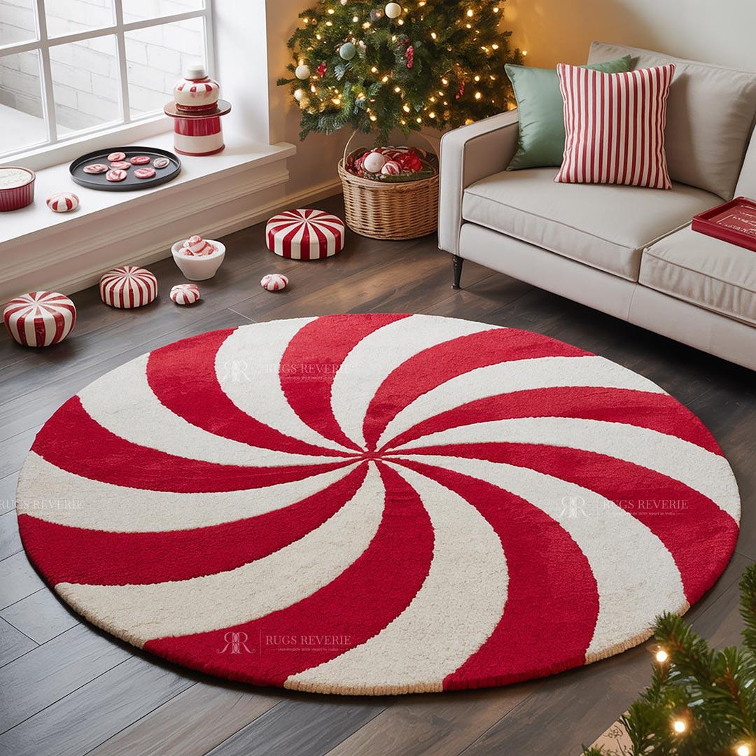 Handmade Wool Candy Cane Rug | Red White Spiral Carpet | Boho Christmas ...