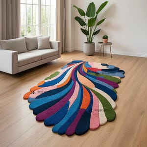 Colorful Abstract 4x6 5x8 6x9 Wavy Rug – Handmade Multicolor Tufted Wool Carpet | Bold Organic Art Rug for Living Room, Bedroom, or Studio