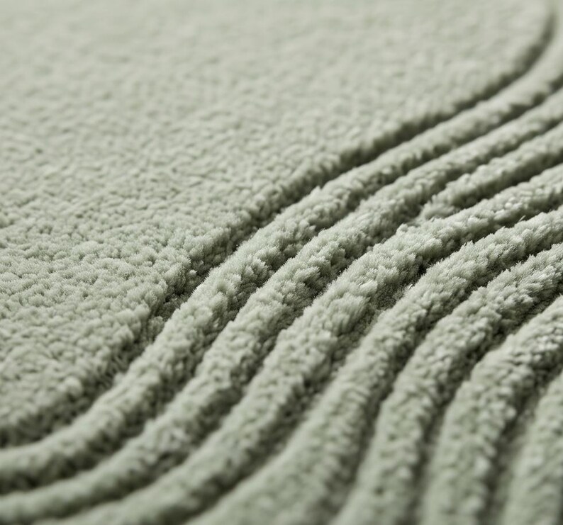 May include: A sage green rug featuring a thick, high-pile texture with deep, carved parallel wave patterns. The soft, plush material creates a dimensional surface with alternating ridges and valleys that emphasize the curved, flowing design.