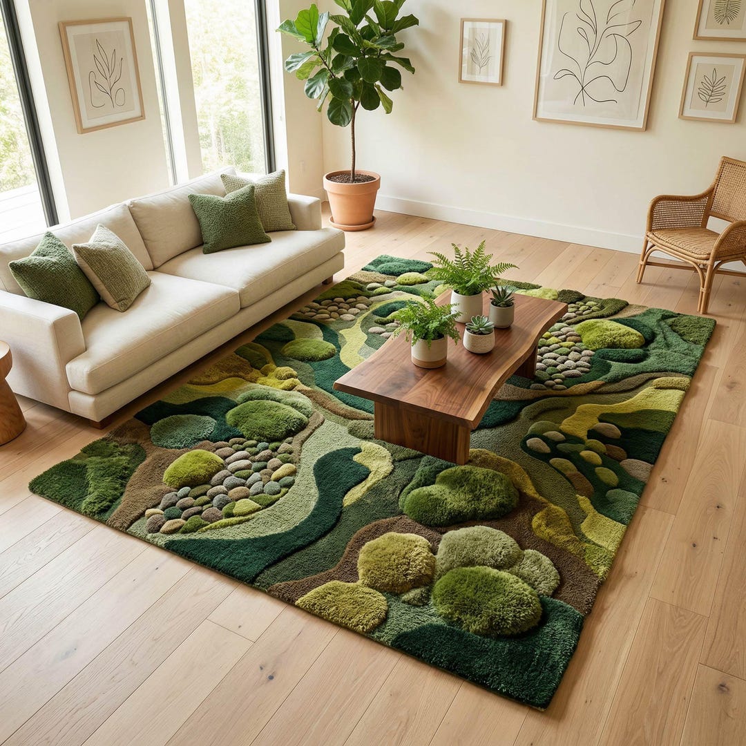 Moss Green 3D Nature Rug | Abstract Landscape Carpet | Biophilic Decor ...