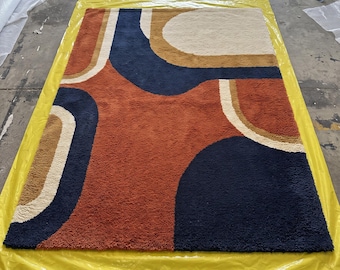 Mid Century Modern Rug, Retro Abstract Wavy Wool Carpet, 8x10 Area Rug, Burnt Orange Navy Blue Geometric Pattern Rug, 9x12 Living Room Decor