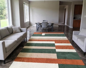 Mid Century Modern Wool Rug, Burnt Orange, Green Hand Tufted Stripe Area Carpet, Geometric Design Living Room Rug, Large 9x12 8x10 Room Rug