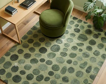Sage Green Pebble Tufted Area Rug, Handmade Wool Carpet, Abstract Circle Dot Rug, Boho Modern Home Decor, Earthy Neutral Living Room Rug
