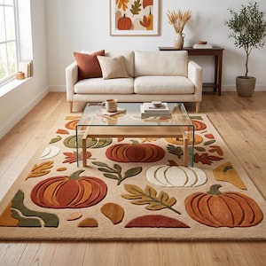 May include: A rectangular area rug featuring a beige background with a raised, textured pattern of orange, red, green, and white pumpkins interspersed with various autumn leaves in shades of brown, yellow, and green across the entire surface.