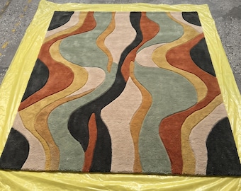 Retro Hand Tufted Wavy Wool Area Rug, 8x10 Mid Century Modern Sculptural Carpet, Earth Tone Abstract 9x12 Large Scandinavian Living Room Rug