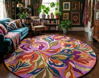 Colorful abstract floral round rug, Maximalist eclectic rug, Purple pink orange rug, Large botanical Bedroom circle rug, Living room rug