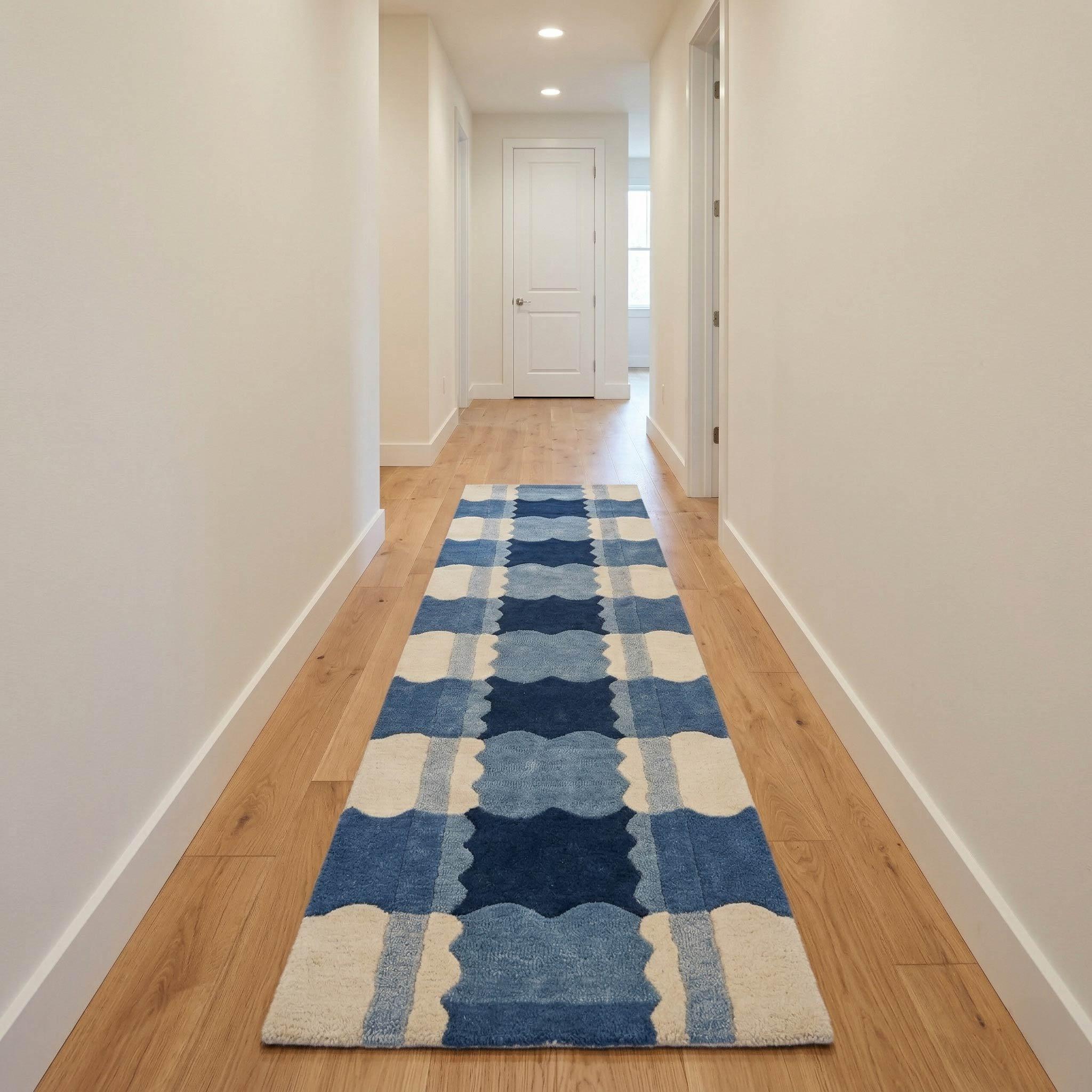 Preppy Blue Rug Blue Scalloped Checkered Rug, Navy Blue Cream Rug, Wavy Grid Runner Rug ...