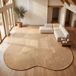 Japandi High Low Textured Rug– Minimal Wavy Line Area Carpet, Modern Living Room Irregular Shape Rug in Custom Color SAND BEACH