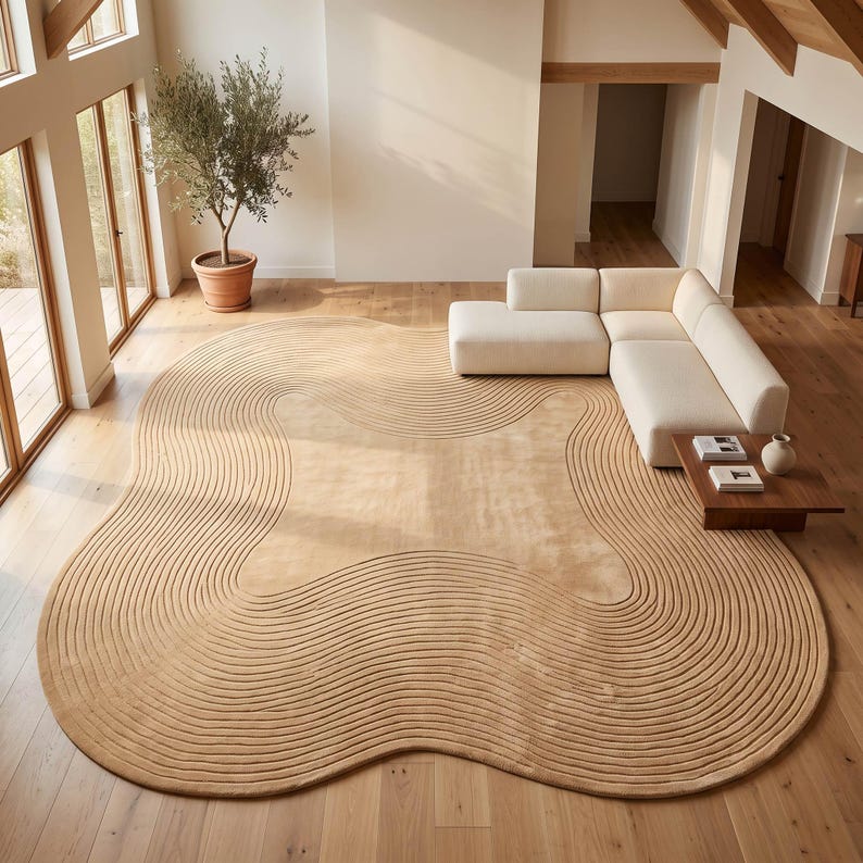 Japandi High Low Textured Rug– Minimal Wavy Line Area Carpet, Modern Living Room Irregular Shape Rug in Custom Color SAND BEACH