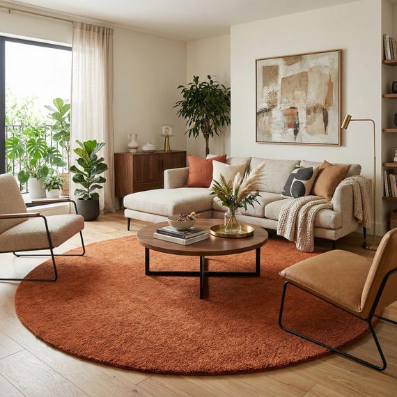 Round Solid Orange Area Rug — Cozy Minimalist Circle Accent, Modern Boho Decor, Tufted Wool Carpet