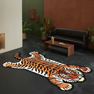 Tiger Shape Wool Rug – Handmade Animal Design Carpet, Hand Tufted Tiger Skin Area Rug, Jungle Theme Kids Room & Living Room Decor 5x12 8x14