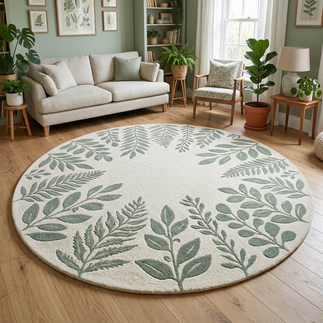 Botanical Fern Round Rug, Sage Green Nursery Hand Tufted Rug, Vintage ...