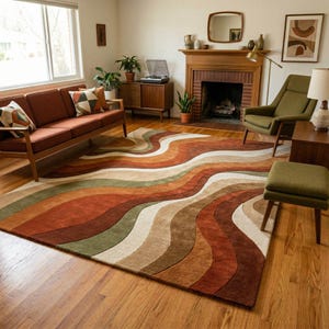 Retro 70er abstrakter Wellenteppich, Rostbrauner olivgrüner Teppich, Mid Century Modern Teppich, rechteckiger rechteckiger Teppich, Bodenteppich von MCM