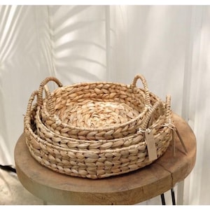 Handwoven Water Hyacinth Serving Tray | Rustic woven | Rustic Boho Decor | Basket Tray with Handles | Natural Home Decor | Handmade eco