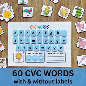 May include: A CVC words educational activity sheet featuring a grid of light blue letter tiles from a to z, with sections for spelling and writing words, surrounded by various small square cards depicting illustrations like a jet, corn, sun, pig, and pen.