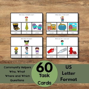 May include: Educational task cards with illustrations and text. The cards cover community helpers, including firefighters, farmers, and nurses. The image includes the text "60 Task Cards" and "US Letter Format".