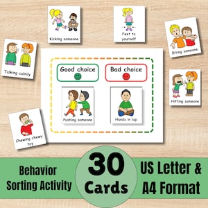 Op de afbeelding: Een set van 30 gedragssorteerkaarten met illustraties die goede en slechte keuzes weergeven. De kaarten bevatten tekst als "Kalm praten", "Iemand schoppen" en "Iemand duwen". De kaarten zijn in US Letter- en A4-formaat.