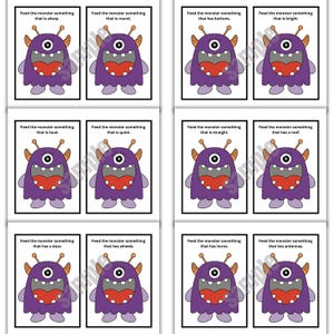 May include: A set of flashcards featuring a purple monster with one eye, a large mouth, and antennae. Each card has a different prompt, such as "Feed the monster something that is sharp." The cards are designed for educational purposes.
