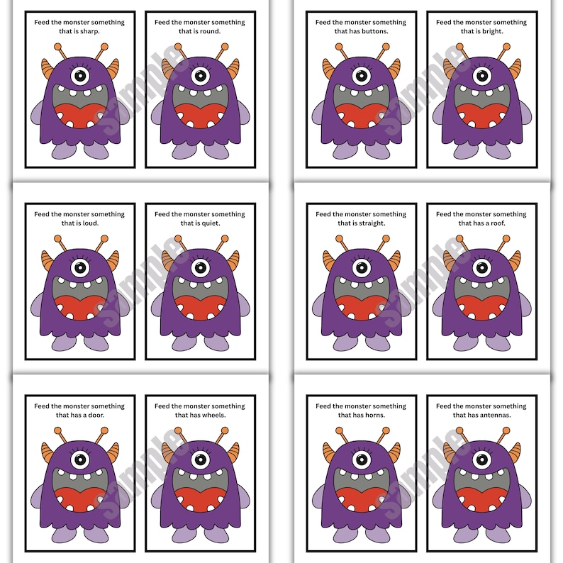 May include: A set of flashcards featuring a purple monster with one eye, a large mouth, and antennae. Each card has a different prompt, such as "Feed the monster something that is sharp." The cards are designed for educational purposes.