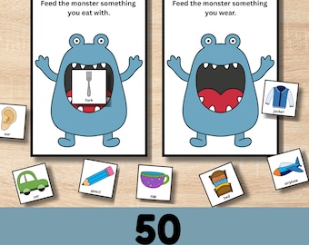 Feed the Monster Function Task Cards, Objects and Their Uses, Functions Of Objects, Language Development, Printable Speech Therapy Game, ABA