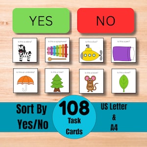 May include: Educational task cards for sorting by yes/no. The cards feature illustrations of a zebra, xylophone, bus, pen, umbrella, tree, book, and bowl. The set includes 108 task cards, US Letter & A4.