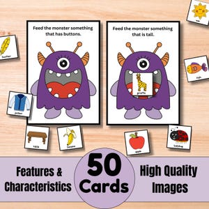 May include: Educational cards with a purple monster and the text "Feed the monster something that has buttons" and "Feed the monster something that is tall." Includes 50 cards with high-quality images. The cards teach features and characteristics.