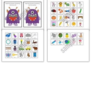 May include: Educational flashcards with colorful illustrations. The cards feature a purple monster and various objects, including a whale, apple, and car. Text on the cards reads, "Feed the monster something that has a lid" and "Feed the monster something that has petals."