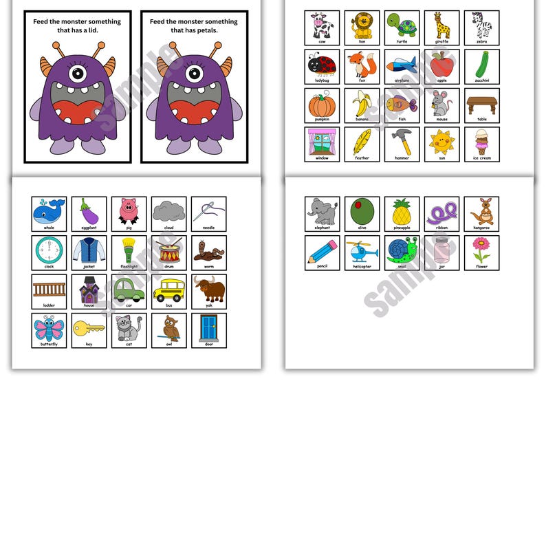 May include: Educational flashcards with colorful illustrations. The cards feature a purple monster and various objects, including a whale, apple, and car. Text on the cards reads, "Feed the monster something that has a lid" and "Feed the monster something that has petals."