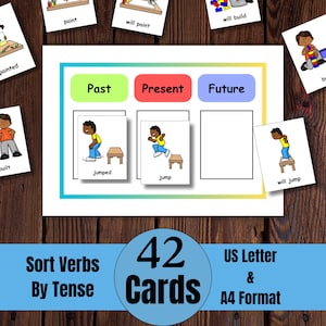 Puede incluir: Tarjetas didácticas para clasificar verbos por tiempo. Las tarjetas presentan ilustraciones de una persona saltando, con etiquetas para los tiempos pasado, presente y futuro. El conjunto incluye 42 tarjetas en formato US Letter y A4.