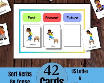Actividad de clasificación de tiempos verbales, clasificación por pasado, presente y futuro, 42 tarjetas de acción imprimibles, emparejar el verbo con el tiempo, tarjetas de vocabulario de verbos