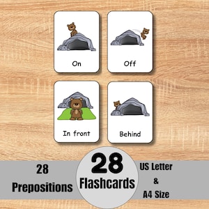 May include: Four flashcards with illustrations of a bear and a cave, demonstrating prepositions. The cards show "On," "Off," "In front," and "Behind." The image also includes text that reads "28 Prepositions Flashcards" and "US Letter & A4 Size."