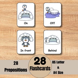 May include: Four flashcards with penguin illustrations demonstrating prepositions: "On", "Off", "In front", and "Behind". The image also includes text that reads "28 Prepositions Flashcards US Letter & A4 Size".