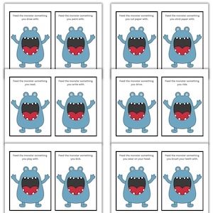 May include: A set of eight cards featuring a cartoon monster with a large open mouth. Each card has a different prompt, such as "Feed the monster something you draw with" or "Feed the monster something you brush your teeth with."