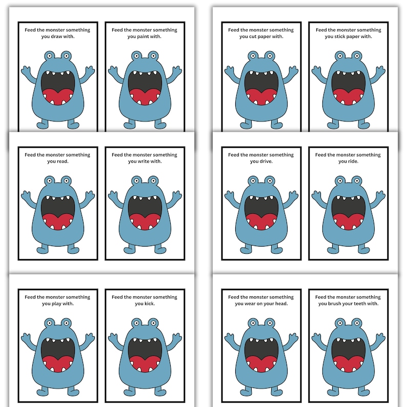 May include: A set of eight cards featuring a cartoon monster with a large open mouth. Each card has a different prompt, such as "Feed the monster something you draw with" or "Feed the monster something you brush your teeth with."