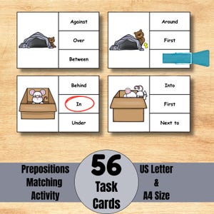 May include: Educational prepositions matching activity with 56 task cards. The cards feature illustrations of a bear and a mouse with prepositions like "in", "over", and "around". Includes US Letter and A4 size options.