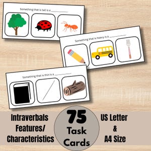 May include: Educational task cards with illustrations. The cards feature prompts like "Something that is tall is a..." with images of a tree, ladybug, and ant. The set includes 75 cards, US Letter and A4 size.