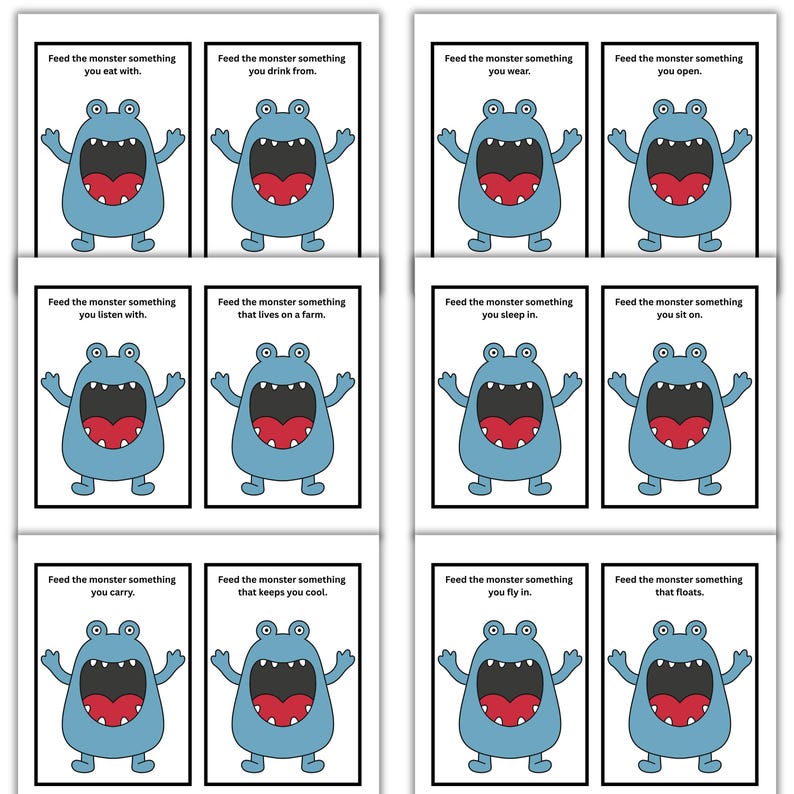 May include: A set of eight cards with a blue monster illustration and text prompts. Each card features a cartoon monster with a large red mouth and the phrase "Feed the monster something" followed by a different action or object, such as "you eat with" or "you sleep in."