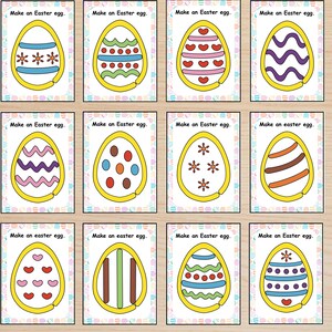Può includere: Dodici biglietti a tema pasquale con disegni di uova. Ogni biglietto presenta un contorno giallo di un uovo con vari motivi colorati e il testo "Make an Easter egg." I disegni includono strisce, pois e motivi floreali.