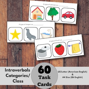 Può includere: Schede didattiche con illustrazioni per l'apprendimento. Le schede presentano immagini di una casa, un albero, un'auto, una stella, una foca, una vasca da bagno, una pentola, una fragola e un asciugamano. Le schede sono etichettate come "Intraverbals Categories/Class".