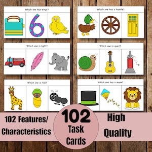 Functies/kenmerken 102 hoogwaardige taakkaarten, logopedie, ABA, ESL, speciaal onderwijs, ontvankelijke taal, direct downloaden, pdf