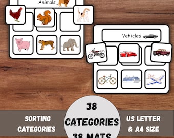 Sort By Category, 38 Printable Sorting Mats, Speech Therapy, ABA, Animals, Vehicles, fruits, Veg, Furniture, Clothing, Instant Download