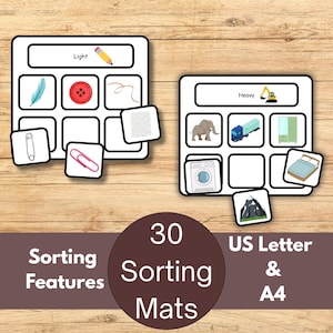 May include: Educational sorting mats with "Light" and "Heavy" categories. The "Light" mat shows a feather, button, and paperclip. The "Heavy" mat includes an elephant, truck, and washing machine. The image also includes the text "30 Sorting Mats".
