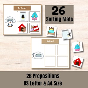 May include: Educational sorting mats with colourful illustrations. The mats feature the text "In front" and "Behind" with corresponding images. The set includes 26 preposition sorting mats, US Letter & A4 size.