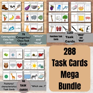 May include: Educational task cards with various categories and functions, including a mega bundle of 288 cards. The cards pose questions like "Which one is an animal?" and "Which one is a vegetable?" with accompanying images.