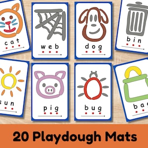 May include: A set of playdough mats with illustrations of a cat, web, dog, bin, sun, pig, bug, and bag. Each card has the word and dots for phonics practice. The text "20 Playdough Mats" is at the bottom of the image.