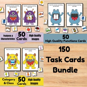 May include: A collection of 150 task cards with vibrant illustrations. The cards are split into categories: Features & Characteristics, Functions, and Category & Class. Each category contains 50 high-quality image cards with monster characters.