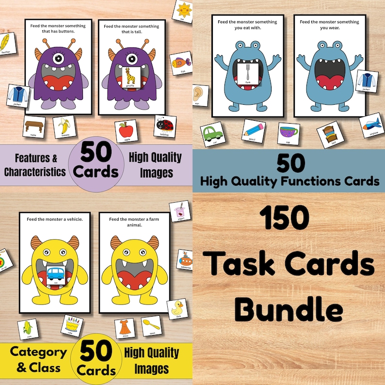 May include: A bundle of 150 task cards with colorful illustrations. The cards are divided into categories: Features & Characteristics, Functions, and Category & Class. Each category includes 50 high-quality image cards featuring friendly monster characters.