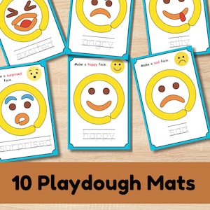 May include: A set of ten playdough mats featuring various emoji faces representing different emotions. Each card has a white background with a blue border, a yellow emoji, and the emotion's name written below. The text "10 Playdough Mats" is at the bottom.