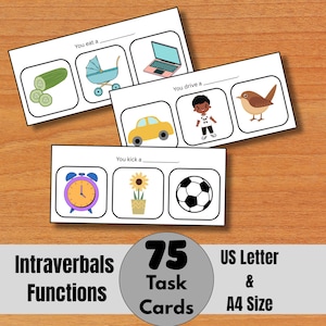 May include: A set of 75 task cards for language development. Each card has a prompt with a visual aid, including a cucumber, baby carriage, laptop, car, child, bird, clock, sunflower, and football. The cards are US Letter and A4 size.